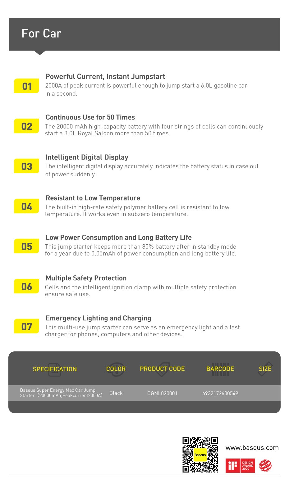 Baseus 20000mAh Car Jump Starter Power Bank 2000A 12V Portable Battery Charger Auto Emergency Booster Starting Device Jump Start