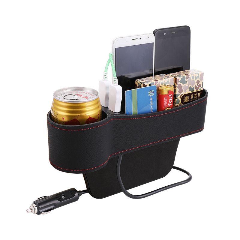 Auto Car Seat Gap Organizer PU Leather Storage Box Cup Holder Car Seat Side Slit Pocket Storage Bag With Dual USB Charger Ports