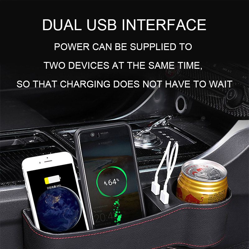 Auto Car Seat Gap Organizer PU Leather Storage Box Cup Holder Car Seat Side Slit Pocket Storage Bag With Dual USB Charger Ports