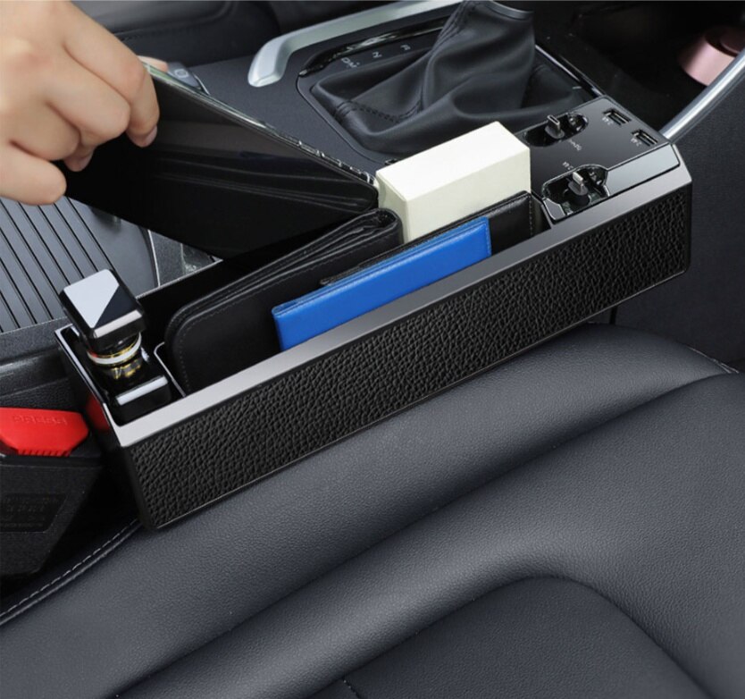 Car Seat Gap Storage Box Interior Auto Seat Crevice Organizer ABS Seat Side Pocket Box IOS QC3 Charge Wire USB Port Accessories