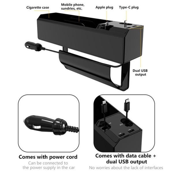 Car Seat Gap Storage Box Interior Auto Seat Crevice Organizer ABS Seat Side Pocket Box IOS QC3 Charge Wire USB Port Accessories