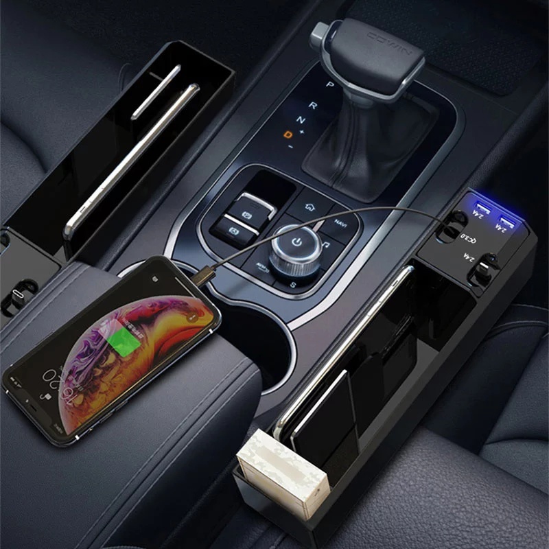 Car Seat Gap Storage Box Interior Auto Seat Crevice Organizer ABS Seat Side Pocket Box IOS QC3 Charge Wire USB Port Accessories